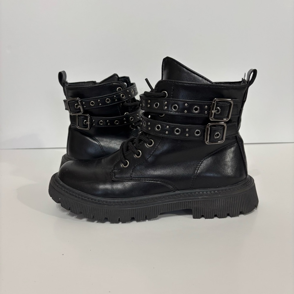 Women's Black Leather Combat Boots‎ with Studded Straps